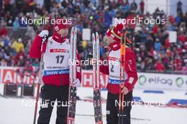 06.03.2016, Oslo, Norway (NOR): Emil Hegle Svendsen (NOR), Ole Einar Bjoerndalen (NOR), (l-r) - IBU world championships biathlon, pursuit men, Oslo (NOR). www.nordicfocus.com. © NordicFocus. Every downloaded picture is fee-liable.
