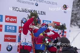 06.03.2016, Oslo, Norway (NOR): Ole Einar Bjoerndalen (NOR), Martin Fourcade (FRA), Emil Hegle Svendsen (NOR), (l-r) - IBU world championships biathlon, pursuit men, Oslo (NOR). www.nordicfocus.com. © NordicFocus. Every downloaded picture is fee-liable.