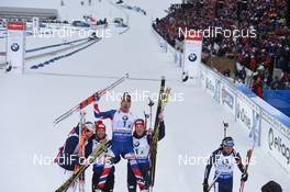 12.03.2016, Oslo, Norway (NOR): Ole Einar Bjoerndalen (NOR), Tarjei Boe (NOR), Johannes Thingnes Boe (NOR), Emil Hegle Svendsen (NOR) - IBU world championships biathlon, relay men, Oslo (NOR). www.nordicfocus.com. © Tumashov/NordicFocus. Every downloaded picture is fee-liable.
