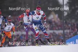 12.03.2016, Oslo, Norway (NOR): Tarjei Boe (NOR), Leif Nordgren (USA), (l-r) - IBU world championships biathlon, relay men, Oslo (NOR). www.nordicfocus.com. © NordicFocus. Every downloaded picture is fee-liable.