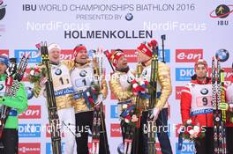 12.03.2016, Oslo, Norway (NOR): Ole Einar Bjoerndalen (NOR), Tarjei Boe (NOR), Emil Hegle Svendsen (NOR) - IBU world championships biathlon, relay men, Oslo (NOR). www.nordicfocus.com. © Tumashov/NordicFocus. Every downloaded picture is fee-liable.