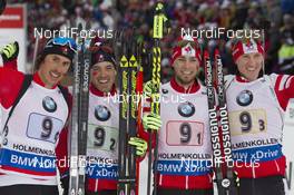 12.03.2016, Oslo, Norway (NOR): Brendan Green (CAN), Nathan Smith (CAN), Christian Gow (CAN), (l-r) - IBU world championships biathlon, relay men, Oslo (NOR). www.nordicfocus.com. © NordicFocus. Every downloaded picture is fee-liable.