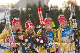 11.03.2016, Oslo, Norway (NOR): Synnoeve Solemdal (NOR), Fanny Horn Birkeland (NOR), Tiril Eckhoff (NOR), Marte Olsbu (NOR) - IBU world championships biathlon, relay women, Oslo (NOR). www.nordicfocus.com. © Tumashov/NordicFocus. Every downloaded picture is fee-liable.
