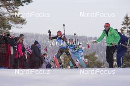 11.03.2016, Oslo, Norway (NOR): Franziska Hildebrand (GER), Andi Stitzl (GER) coach Team Germany, (l-r) - IBU world championships biathlon, relay women, Oslo (NOR). www.nordicfocus.com. © NordicFocus. Every downloaded picture is fee-liable.