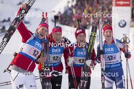 11.03.2016, Oslo, Norway (NOR): Marte Olsbu (NOR), Tiril Eckhoff (NOR), Fanny Horn Birkeland (NOR), Synnoeve Solemdal (NOR), (l-r) - IBU world championships biathlon, relay women, Oslo (NOR). www.nordicfocus.com. © NordicFocus. Every downloaded picture is fee-liable.