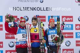 05.03.2016, Oslo, Norway (NOR): Sergey Semenov (UKR), Ole Einar Bjoerndalen (NOR), Martin Fourcade (FRA), (l-r) - IBU world championships biathlon, sprint men, Oslo (NOR). www.nordicfocus.com. © NordicFocus. Every downloaded picture is fee-liable.