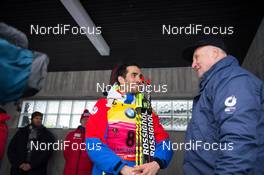 05.03.2016, Oslo, Norway (NOR): Martin Fourcade (FRA) and king of Norway - IBU world championships biathlon, sprint men, Oslo (NOR). www.nordicfocus.com. © Tumashov/NordicFocus. Every downloaded picture is fee-liable.