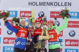 05.03.2016, Oslo, Norway (NOR): Marie Dorin Habert (FRA), Tiril Eckhoff (NOR), Laura Dahlmeier (GER), (l-r) - IBU world championships biathlon, sprint women, Oslo (NOR). www.nordicfocus.com. © NordicFocus. Every downloaded picture is fee-liable.
