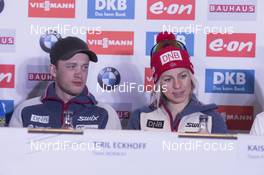 04.03.2016, Oslo, Norway (NOR): Tarjei Boe (NOR), Tiril Eckhoff (NOR), (l-r) - IBU world championships biathlon, Fischer Press Conference , Oslo (NOR). www.nordicfocus.com. © NordicFocus. Every downloaded picture is fee-liable.