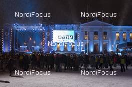 02.03.2016, Oslo, Norway (NOR): Event Feature: Overview over the medals plaza during the opening ceremony - IBU world championships biathlon, opening ceremony, Oslo (NOR). www.nordicfocus.com. © NordicFocus. Every downloaded picture is fee-liable.