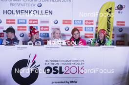 04.03.2016, Oslo, Norway (NOR): Tarjei Boe (NOR), Tiril Eckhoff (NOR), Kaisa Maekaeraeinen (FIN), Gabriela Soukalova (CZE), Laura Dahlmeier (GER), (l-r) - IBU world championships biathlon, Fischer Press Conference , Oslo (NOR). www.nordicfocus.com. © NordicFocus. Every downloaded picture is fee-liable.