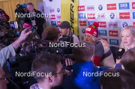 04.03.2016, Oslo, Norway (NOR): Tarjei Boe (NOR), Tiril Eckhoff (NOR), Kaisa Maekaeraeinen (FIN), (l-r) - IBU world championships biathlon, Fischer Press Conference , Oslo (NOR). www.nordicfocus.com. © NordicFocus. Every downloaded picture is fee-liable.