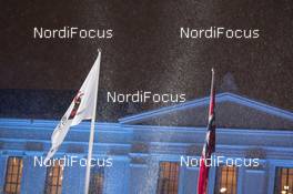02.03.2016, Oslo, Norway (NOR): Event Feature: IBU and Norwegian Flag try to wave - IBU world championships biathlon, opening ceremony, Oslo (NOR). www.nordicfocus.com. © NordicFocus. Every downloaded picture is fee-liable.