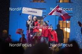 02.03.2016, Oslo, Norway (NOR): Zina Kocher (CAN) waves the canadian flag at the opening ceremony - IBU world championships biathlon, opening ceremony, Oslo (NOR). www.nordicfocus.com. © NordicFocus. Every downloaded picture is fee-liable.