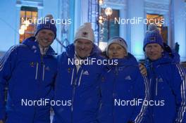 02.03.2016, Oslo, Norway (NOR): Kristjan Oja (EST), IBU IR, Max Cobb (USA) secretary generel USBA, Donatella Dalfallo (ITA) IBU medical assistance, Max Saenger (USA/SUI), (l-r) - IBU world championships biathlon, opening ceremony, Oslo (NOR). www.nordicfocus.com. © NordicFocus. Every downloaded picture is fee-liable.