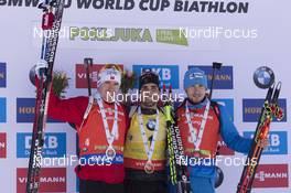 10.12.2016, Pokljuka, Slovenia (SLO): Emil Hegle Svendsen (NOR), Martin Fourcade (FRA), Anton Shipulin (RUS), (l-r) -  IBU world cup biathlon, pursuit men, Pokljuka (SLO). www.nordicfocus.com. © Manzoni/NordicFocus. Every downloaded picture is fee-liable.