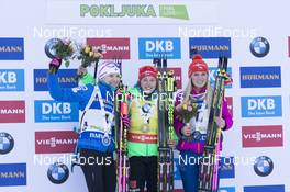 10.12.2016, Pokljuka, Slovenia (SLO): Kaisa Makarainen (FIN), Laura Dahlmeier (GER), Eva Puskarcikova (CZE), (l-r) -  IBU world cup biathlon, pursuit women, Pokljuka (SLO). www.nordicfocus.com. © Manzoni/NordicFocus. Every downloaded picture is fee-liable.