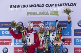 09.12.2016, Pokljuka, Slovenia (SLO): Johannes Thingnes Boe (NOR), Martin Fourcade (FRA), Anton Shipulin (RUS), (l-r) -  IBU world cup biathlon, sprint men, Pokljuka (SLO). www.nordicfocus.com. © Manzoni/NordicFocus. Every downloaded picture is fee-liable.
