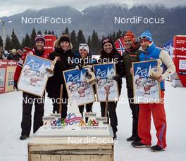 10.01.2016, Val di Fiemme, Italy (ITA): actual and former Tour de Ski winners: Martin Johnsrud Sundby (NOR), Virpi Kuitunen (FIN), Charlotte Kalla (SWE), Justyna Kowalczyk (POL), Tobias Angerer (GER), Alexander Legkov (RUS), (l-r)   - FIS world cup cross-country, tour de ski, final climb men, Val di Fiemme (ITA). www.nordicfocus.com. © Felgenhauer/NordicFocus. Every downloaded picture is fee-liable.