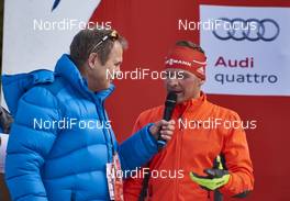 10.01.2016, Val di Fiemme, Italy (ITA): Kjell-Erik Kristiansen (NOR) talking to Tobias Angerer (GER)   - Rampa con i Campioni Val di Fiemme (ITA). www.nordicfocus.com. © Felgenhauer/NordicFocus. Every downloaded picture is fee-liable.
