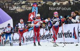 09.01.2016, Val di Fiemme, Italy (ITA): Krista Parmakoski (FIN), Heidi Weng (NOR), Ingvild Flugstad Oestberg (NOR), Therese Johaug (NOR), (l-r)  - FIS world cup cross-country, tour de ski, mass women, Val di Fiemme (ITA). www.nordicfocus.com. © Felgenhauer/NordicFocus. Every downloaded picture is fee-liable.