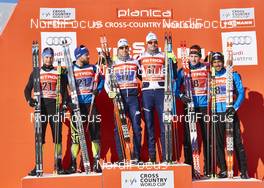 17.01.2016, Planica, Slovenia (SLO): Renaud Jay (FRA), Baptiste Gros (FRA), Federico Pellegrino (ITA), Dietmar Noeckler (ITA), Valentin Chauvin (FRA), Richard Jouve (FRA), (l-r) - FIS world cup cross-country, team sprint, Planica (SLO). www.nordicfocus.com. © Felgenhauer/NordicFocus. Every downloaded picture is fee-liable.