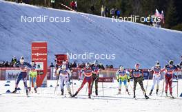 17.01.2016, Planica, Slovenia (SLO): Ida Sargent (USA), Vesna Fabjan (SLO), Ida Ingemarsdotter (SWE), Heidi Weng (NOR), Sandra Ringwald (GER), Nika Razinger (SLO), Laura Gimmler (GER), Jonna Sundling (SWE), Mari Eide (NOR), (l-r)  - FIS world cup cross-country, team sprint, Planica (SLO). www.nordicfocus.com. © Felgenhauer/NordicFocus. Every downloaded picture is fee-liable.