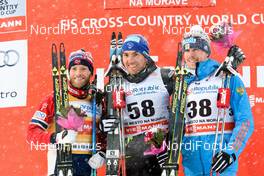 23.01.2016, Nove Mesto, Czech Republic (CZE): Martin Johnsrud Sundby (NOR), Maurice Manificat (FRA), Sergey Ustiugov (RUS), (l-r) - FIS world cup cross-country, 15km men, Nove Mesto (CZE). www.nordicfocus.com. © Rauschendorfer/NordicFocus. Every downloaded picture is fee-liable.