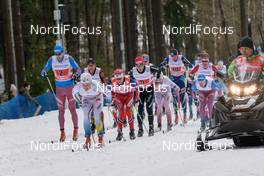 24.01.2016, Nove Mesto, Czech Republic (CZE): Evgeniy Belov (RUS), Jens Burman (SWE), Andreas Katz (GER), Sjur Roethe (NOR), Jonas Baumann (SUI), (l-r)  - FIS world cup cross-country, 4x10km men, Nove Mesto (CZE). www.nordicfocus.com. © Rauschendorfer/NordicFocus. Every downloaded picture is fee-liable.