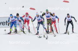 24.01.2016, Nove Mesto, Czech Republic (CZE): Robin Duvillard (FRA), Simeon Hamilton (USA), Knute Johnsgaard (CAN), Federico Pellegrino (ITA), Thomas Bing (GER), Anders Gloeersen (NOR), Toni Livers (SUI), (l-r)  - FIS world cup cross-country, 4x10km men, Nove Mesto (CZE). www.nordicfocus.com. © Rauschendorfer/NordicFocus. Every downloaded picture is fee-liable.