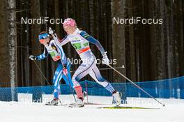 24.01.2016, Nove Mesto, Czech Republic (CZE): Krista Parmakoski (FIN), Sadie Bjornsen (USA), (l-r)  - FIS world cup cross-country, 4x5km women, Nove Mesto (CZE). www.nordicfocus.com. © Rauschendorfer/NordicFocus. Every downloaded picture is fee-liable.