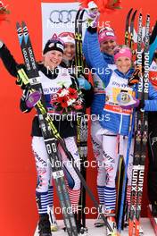 24.01.2016, Nove Mesto, Czech Republic (CZE): Jessica Diggins (USA), Sophie Caldwell (USA), Sadie Bjornsen (USA), Elizabeth Stephen (USA), (l-r) - FIS world cup cross-country, 4x5km women, Nove Mesto (CZE). www.nordicfocus.com. © Rauschendorfer/NordicFocus. Every downloaded picture is fee-liable.