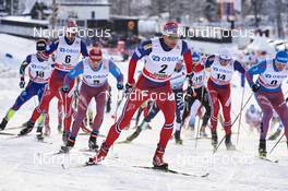 14.02.2016, Falun, Sweden (SWE): Hans Christer Holund (NOR), Alexander Legkov (RUS), Niklas Dyrhaug (NOR), Emil Iversen (NOR), Sergey Ustiugov (RUS), (l-r)  - FIS world cup cross-country, mass men, Falun (SWE). www.nordicfocus.com. © Felgenhauer/NordicFocus. Every downloaded picture is fee-liable.