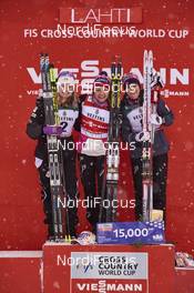 20.02.2016, Lahti, Finland (FIN): Jessica Diggins (USA), Maiken Caspersen Falla (NOR), Heidi Weng (NOR), (l-r) - FIS world cup cross-country, individual sprint, Lahti (FIN). www.nordicfocus.com. © Felgenhauer/NordicFocus. Every downloaded picture is fee-liable.