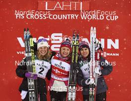 20.02.2016, Lahti, Finland (FIN): Jessica Diggins (USA), Maiken Caspersen Falla (NOR), Heidi Weng (NOR), (l-r) - FIS world cup cross-country, individual sprint, Lahti (FIN). www.nordicfocus.com. © Felgenhauer/NordicFocus. Every downloaded picture is fee-liable.