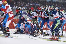 21.02.2016, Lahti, Finland (FIN): crash at the men's start   - FIS world cup cross-country, skiathlon men, Lahti (FIN). www.nordicfocus.com. © Felgenhauer/NordicFocus. Every downloaded picture is fee-liable.