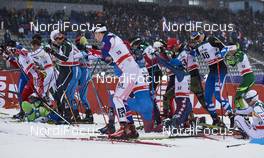 21.02.2016, Lahti, Finland (FIN): crash at the men's start   - FIS world cup cross-country, skiathlon men, Lahti (FIN). www.nordicfocus.com. © Felgenhauer/NordicFocus. Every downloaded picture is fee-liable.