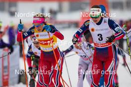 21.02.2016, Lahti, Finland (FIN): (l-r) Therese Johaug (NOR), Fischer, Rottefella and Ingvild Flugstad Oestberg (NOR), Madshus, Swix, Rottefella - FIS world cup cross-country, skiathlon women, Lahti (FIN). www.nordicfocus.com. © Laiho/NordicFocus. Every downloaded picture is fee-liable.