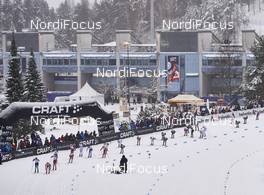 21.02.2016, Lahti, Finland (FIN): women start passes the stadium building   - FIS world cup cross-country, skiathlon women, Lahti (FIN). www.nordicfocus.com. © Felgenhauer/NordicFocus. Every downloaded picture is fee-liable.