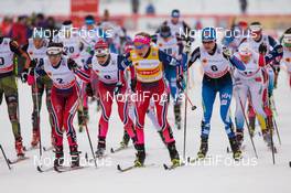 21.02.2016, Lahti, Finland (FIN): (l-r) Heidi Weng (NOR), Madshus, Swix, Rottefella, Therese Johaug (NOR), Fischer, Rottefella and Anne Kylloenen (FIN), Fischer, Swix, Rottefella - FIS world cup cross-country, skiathlon women, Lahti (FIN). www.nordicfocus.com. © Laiho/NordicFocus. Every downloaded picture is fee-liable.