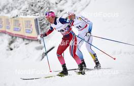 21.02.2016, Lahti, Finland (FIN): Maria Stroem Nakstad (NOR), Therese Johaug (NOR), (l-r)  - FIS world cup cross-country, skiathlon women, Lahti (FIN). www.nordicfocus.com. © Felgenhauer/NordicFocus. Every downloaded picture is fee-liable.