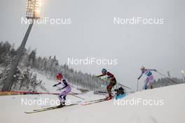21.02.2016, Lahti, Finland (FIN): (l-r) Jessica Diggins (USA), Salomon, One Way, Nicole Fessel (GER), Rossignol, Alpina, One Way, Rottefella, Adidas and Stina Nilsson (SWE), Fischer, Swix, Craft - FIS world cup cross-country, skiathlon women, Lahti (FIN). www.nordicfocus.com. © Laiho/NordicFocus. Every downloaded picture is fee-liable.