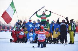 04.03.2016, Quebec, Canada (CAN): Federico Pellegrino (ITA) celebrating with the Team Italy - FIS world cup cross-country, cups, Quebec (CAN). www.nordicfocus.com. © Felgenhauer/NordicFocus. Every downloaded picture is fee-liable.
