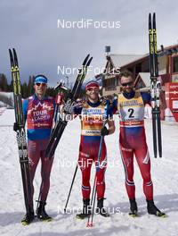 12.03.2016, Canmore, Canada (CAN): Sergey Ustiugov (RUS), Martin Johnsrud Sundby (NOR), Petter Northug (NOR), (l-r)  - FIS world cup cross-country, pursuit men, Canmore (CAN). www.nordicfocus.com. © Felgenhauer/NordicFocus. Every downloaded picture is fee-liable.