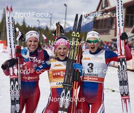 12.03.2016, Canmore, Canada (CAN): Heidi Weng (NOR), Therese Johaug (NOR), Ingvild Flugstad Oestberg (NOR), (l-r)  - FIS world cup cross-country, pursuit women, Canmore (CAN). www.nordicfocus.com. © Felgenhauer/NordicFocus. Every downloaded picture is fee-liable.