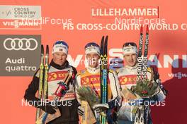 02.12.2016, Lillehammer, Norway (NOR): Emil Iversen (NOR), Calle Halfvarsson (SWE), Teodor Peterson (SWE), (l-r) - FIS world cup cross-country, individual sprint, Lillehammer (NOR). www.nordicfocus.com. © Modica/NordicFocus. Every downloaded picture is fee-liable.