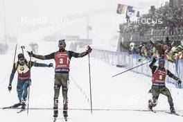 08.01.2017, Oberhof, Germany (GER): Martin Fourcade (FRA), Simon Schempp (GER), Erik Lesser (GER), (l-r) -  IBU world cup biathlon, mass men, Oberhof (GER). www.nordicfocus.com. © Manzoni/NordicFocus. Every downloaded picture is fee-liable.