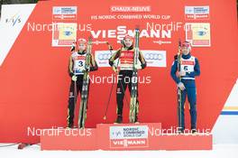 24.01.2016, Chaux-Neuve, France (FRA): (l-r) Eric Frenzel (GER), Fabian Riessle (GER), Akito Watabe (JPN) - FIS world cup nordic combined, individual gundersen HS118/10km, Chaux-Neuve (FRA). www.nordicfocus.com. © Becker/NordicFocus. Every downloaded picture is fee-liable.