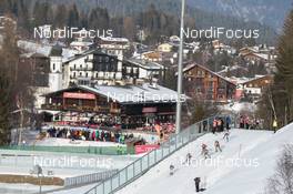 30.01.2016, Seefeld, Austria (AUT): group of skiers on Casino Arena's bridge   - FIS world cup nordic combined, individual gundersen HS109/10km, Seefeld (AUT). www.nordicfocus.com. © Modica/NordicFocus. Every downloaded picture is fee-liable.