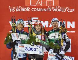 19.02.2016, Lahti, Finland (FIN): Akito Watabe (JPN), Eric Frenzel (GER), Jan Schmid (NOR), (l-r) - FIS world cup nordic combined, individual gundersen HS130/10km, Lahti (FIN). www.nordicfocus.com. © Felgenhauer/NordicFocus. Every downloaded picture is fee-liable.
